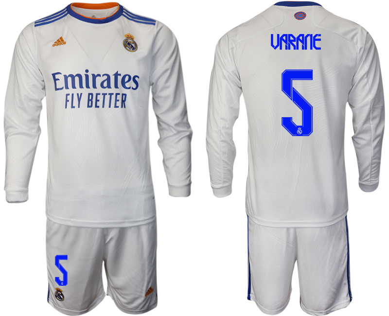 Men 2021-2022 Club Real Madrid home white Long Sleeve #5 Soccer Jersey->real madrid jersey->Soccer Club Jersey